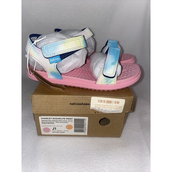new Native sandals Charley Kid Child Princess Rainbow Tie Dye J1 Sugarlite Pink - Picture 1 of 6